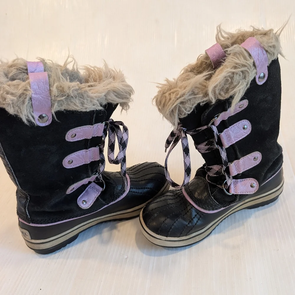 SOREL Girls Joan Of Arctic Black Purple Lace-up Winter Snow Boots Size 1